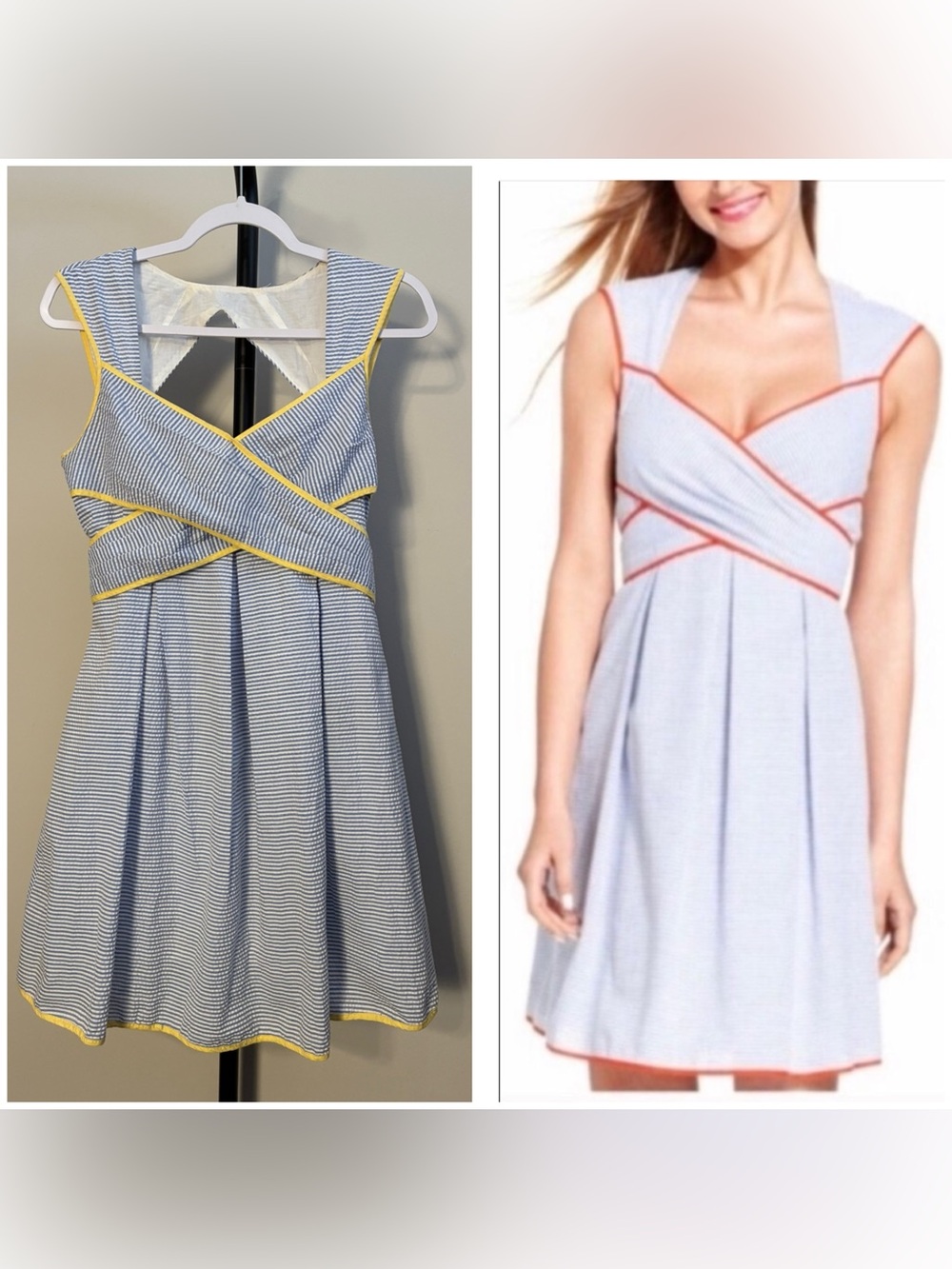 Esley Blue & White Sear-sucker Stripes and Yellow Detail Cross-Front Mini Dress
